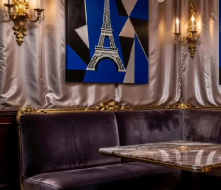 Décor parisien raffiné avec velours pourpre, dorures et chandeliers dans le casino lounge