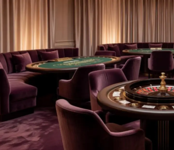 Lounge de casino privé avec tables de poker, roulette de démonstration et ambiance feutrée