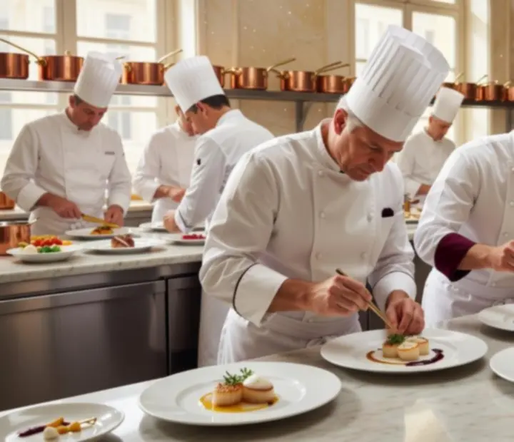 Brigade de chefs en cuisine dans un décor clair Opéra Alabaster, concentrée sur la préparation de plats gastronomiques.