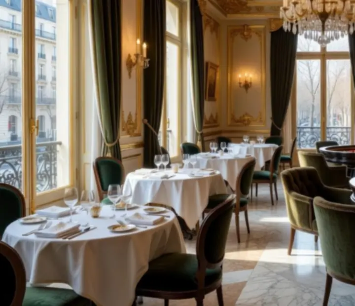 Salle de restaurant gastronomique lumineuse avec lounge de casino privé à Paris