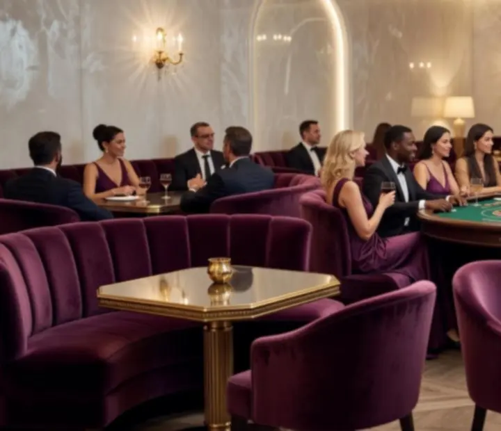 Salon de casino privé et salle à manger aux teintes Royal Plum et or satin, ambiance feutrée et élégante.