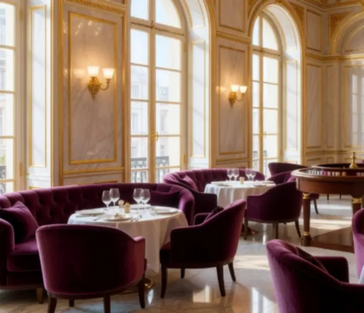 Salon principal de casino lounge avec tables de jeu et restaurant lumineux