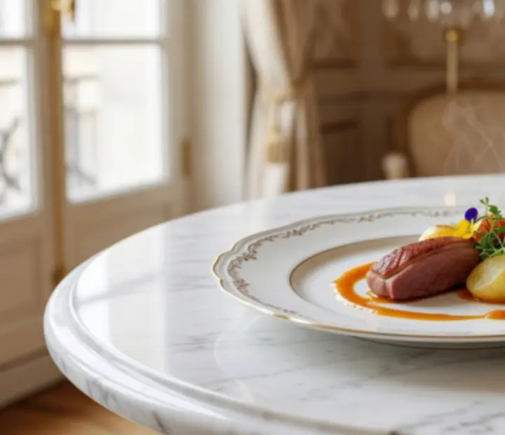 Dressage gastronomique de plats signatures servis dans une salle lumineuse parisienne
