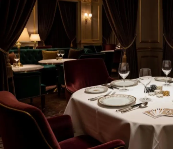Table privée de casino lounge dans une alcôve raffinée avec service de table
