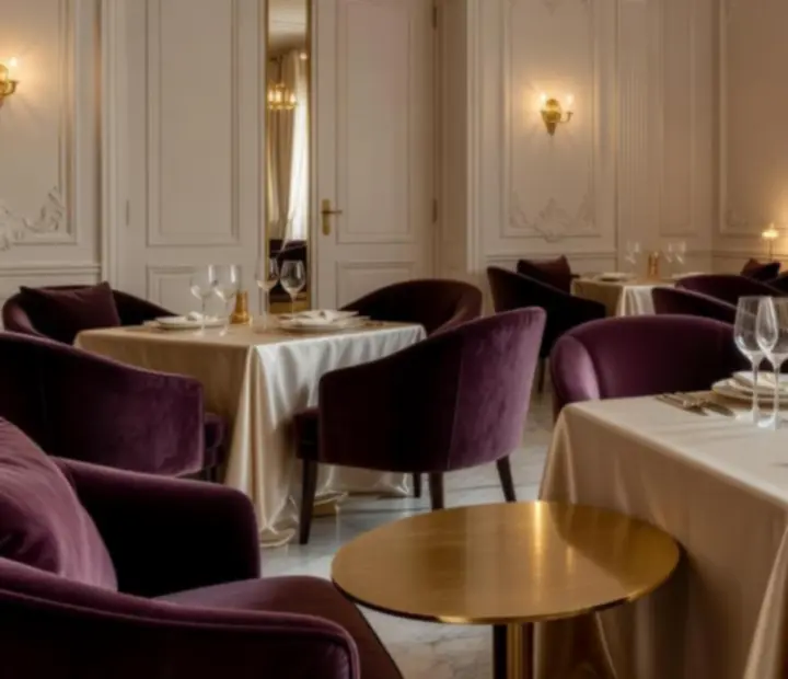 Salon VIP lumineux avec banquettes en velours prune et table de casino récréatif.